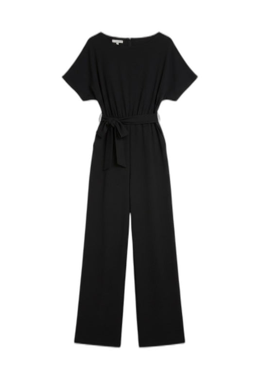 Effortless Black Jumpsuit for Women with Crew Neck Short Sleeve Belted Wide Leg Casual Style