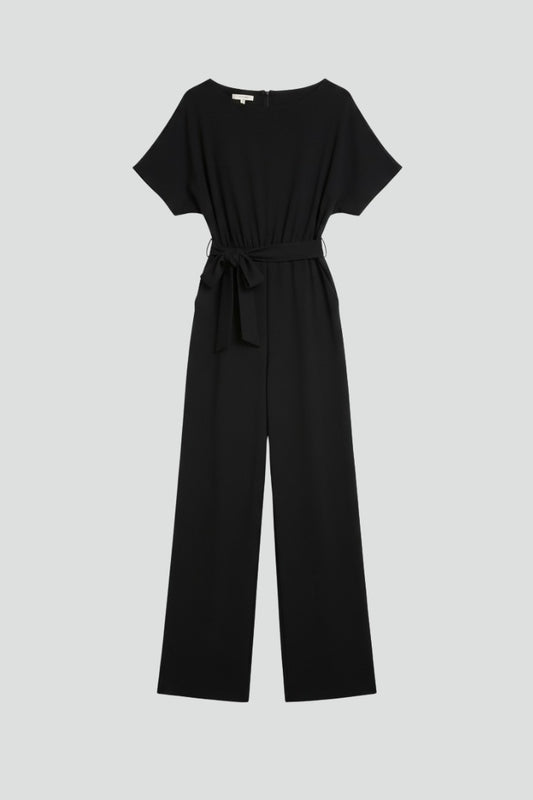 Effortless Black Jumpsuit for Women with Crew Neck Short Sleeve Belted Wide Leg Casual Style