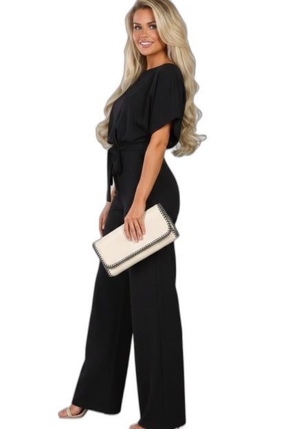 Effortless Black Jumpsuit for Women with Crew Neck Short Sleeve Belted Wide Leg Casual Style