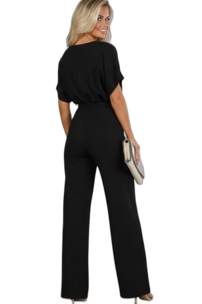 Effortless Black Jumpsuit for Women with Crew Neck Short Sleeve Belted Wide Leg Casual Style