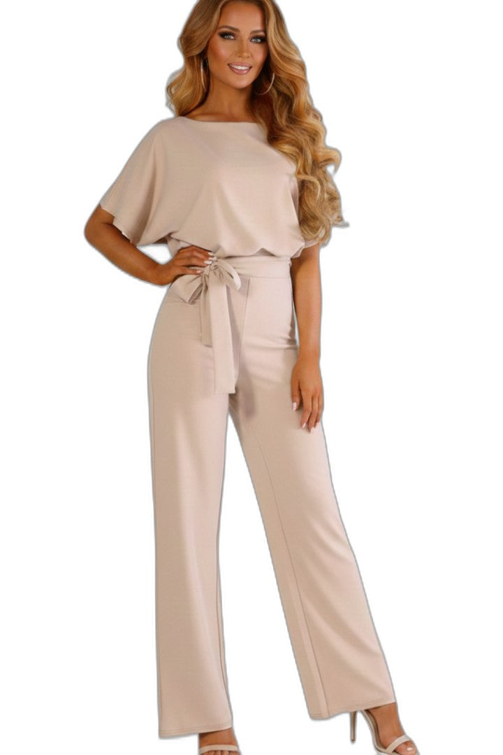 Effortless Black Jumpsuit for Women with Crew Neck Short Sleeve Belted Wide Leg Casual Style