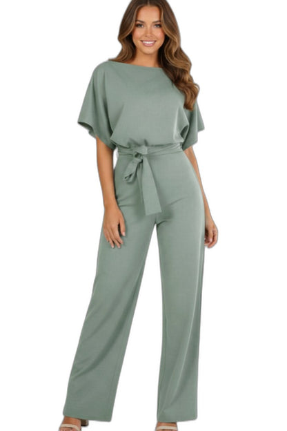 Effortless Black Jumpsuit for Women with Crew Neck Short Sleeve Belted Wide Leg Casual Style