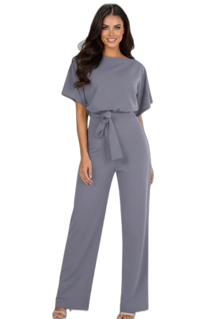 Effortless Black Jumpsuit for Women with Crew Neck Short Sleeve Belted Wide Leg Casual Style