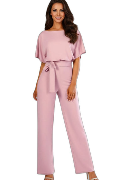 Effortless Black Jumpsuit for Women with Crew Neck Short Sleeve Belted Wide Leg Casual Style