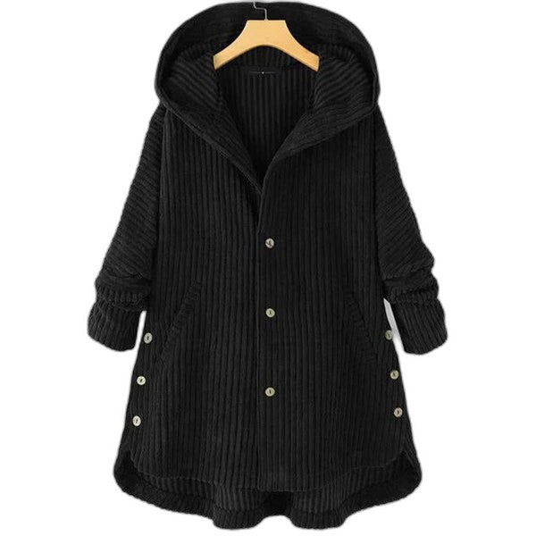 Effortless Black Knit Coat for Women with Long Sleeve Button Front Oversized Hooded Casual Style