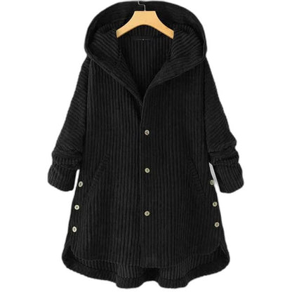 Effortless Black Knit Coat for Women with Long Sleeve Button Front Oversized Hooded Casual Style