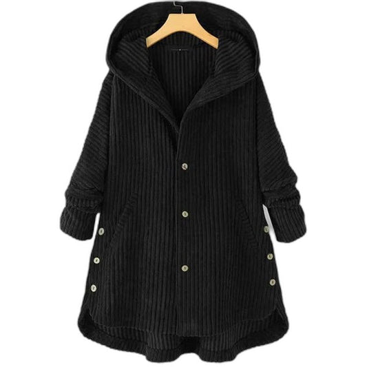 Effortless Black Knit Coat for Women with Long Sleeve Button Front Oversized Hooded Casual Style