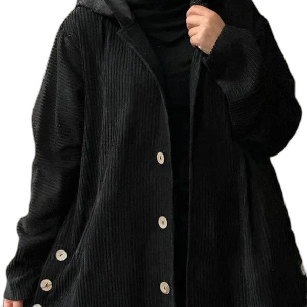 Effortless Black Knit Coat for Women with Long Sleeve Button Front Oversized Hooded Casual Style