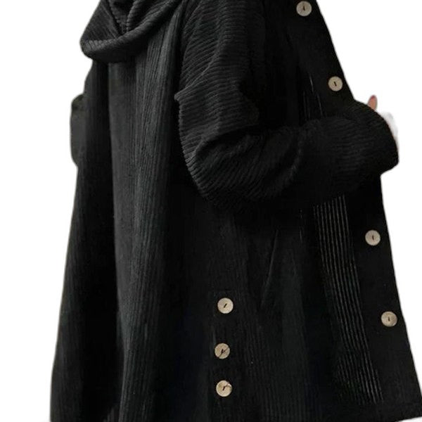 Effortless Black Knit Coat for Women with Long Sleeve Button Front Oversized Hooded Casual Style