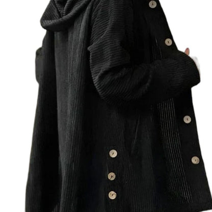 Effortless Black Knit Coat for Women with Long Sleeve Button Front Oversized Hooded Casual Style