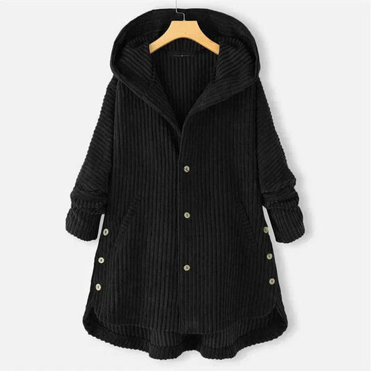 Effortless Black Knit Coat for Women with Long Sleeve Button Front Oversized Hooded Casual Style