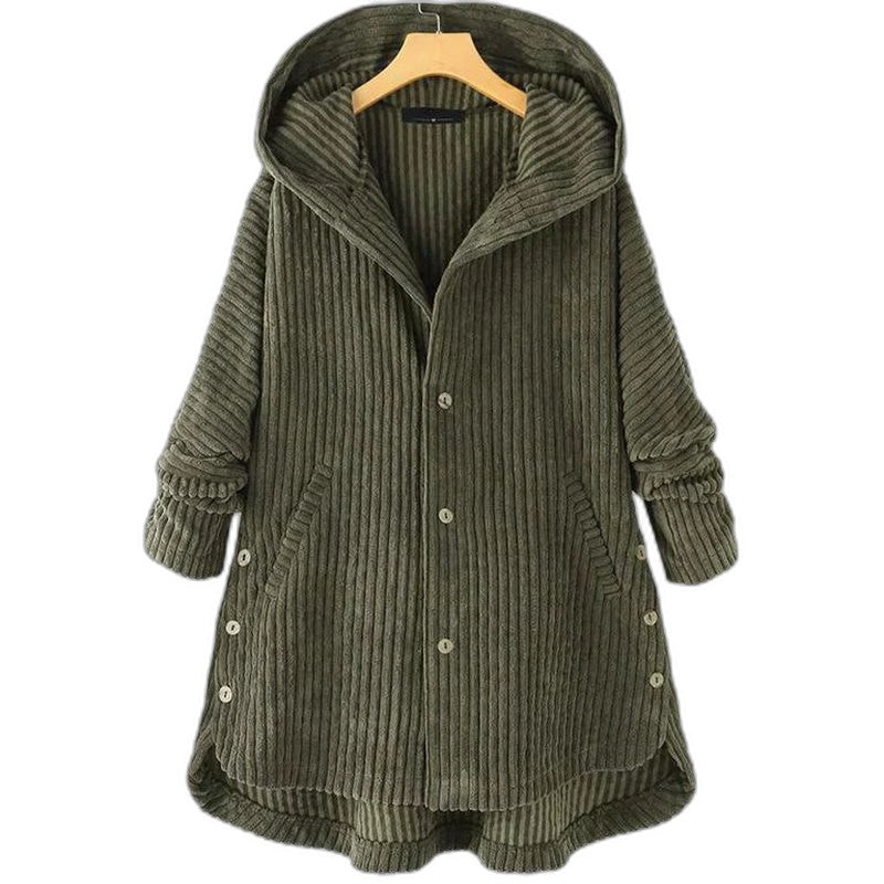 Effortless Black Knit Coat for Women with Long Sleeve Button Front Oversized Hooded Casual Style