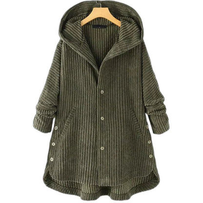 Effortless Black Knit Coat for Women with Long Sleeve Button Front Oversized Hooded Casual Style
