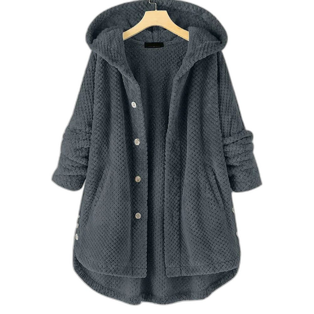 Effortless Black Knit Coat for Women with Long Sleeve Button Front Oversized Hooded Casual Style