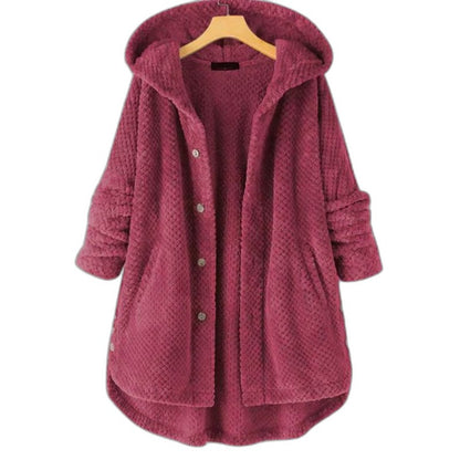 Effortless Black Knit Coat for Women with Long Sleeve Button Front Oversized Hooded Casual Style