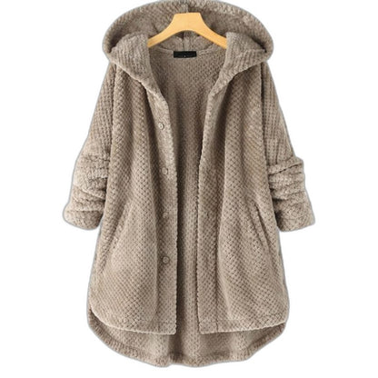 Effortless Black Knit Coat for Women with Long Sleeve Button Front Oversized Hooded Casual Style