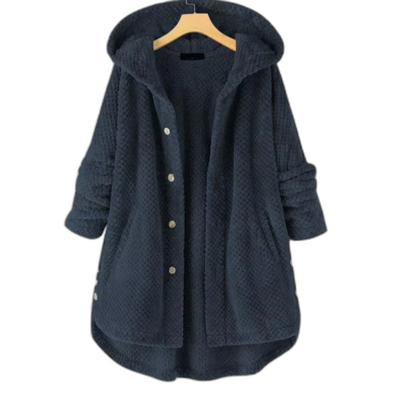 Effortless Black Knit Coat for Women with Long Sleeve Button Front Oversized Hooded Casual Style
