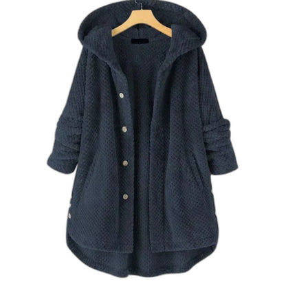 Effortless Black Knit Coat for Women with Long Sleeve Button Front Oversized Hooded Casual Style