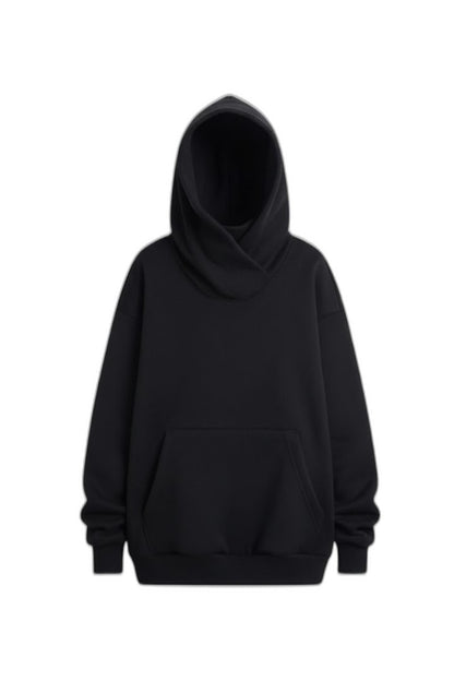 Effortless Black Knit Hoodie for Women with High Neck Long Sleeve Oversized Pockets Casual Style