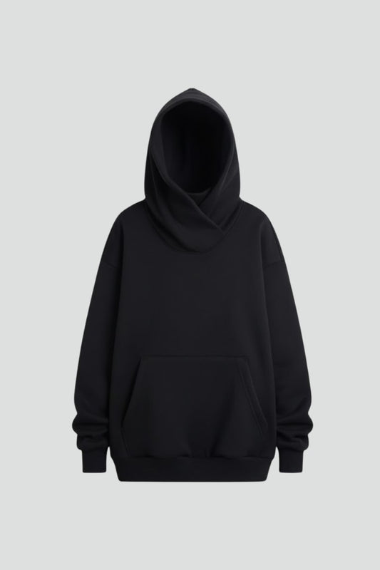 Effortless Black Knit Hoodie for Women with High Neck Long Sleeve Oversized Pockets Casual Style
