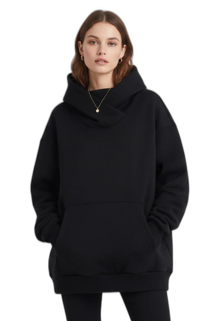 Effortless Black Knit Hoodie for Women with High Neck Long Sleeve Oversized Pockets Casual Style