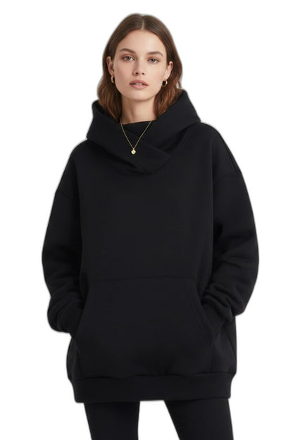Effortless Black Knit Hoodie for Women with High Neck Long Sleeve Oversized Pockets Casual Style