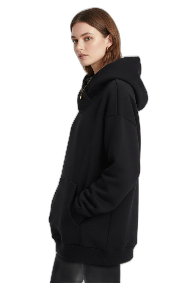 Effortless Black Knit Hoodie for Women with High Neck Long Sleeve Oversized Pockets Casual Style