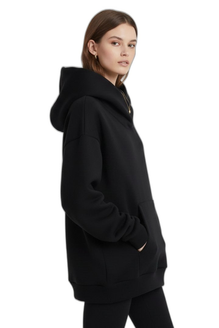 Effortless Black Knit Hoodie for Women with High Neck Long Sleeve Oversized Pockets Casual Style