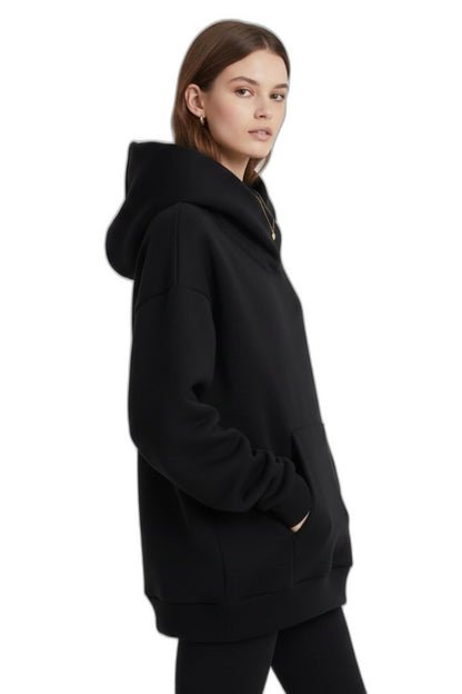 Effortless Black Knit Hoodie for Women with High Neck Long Sleeve Oversized Pockets Casual Style