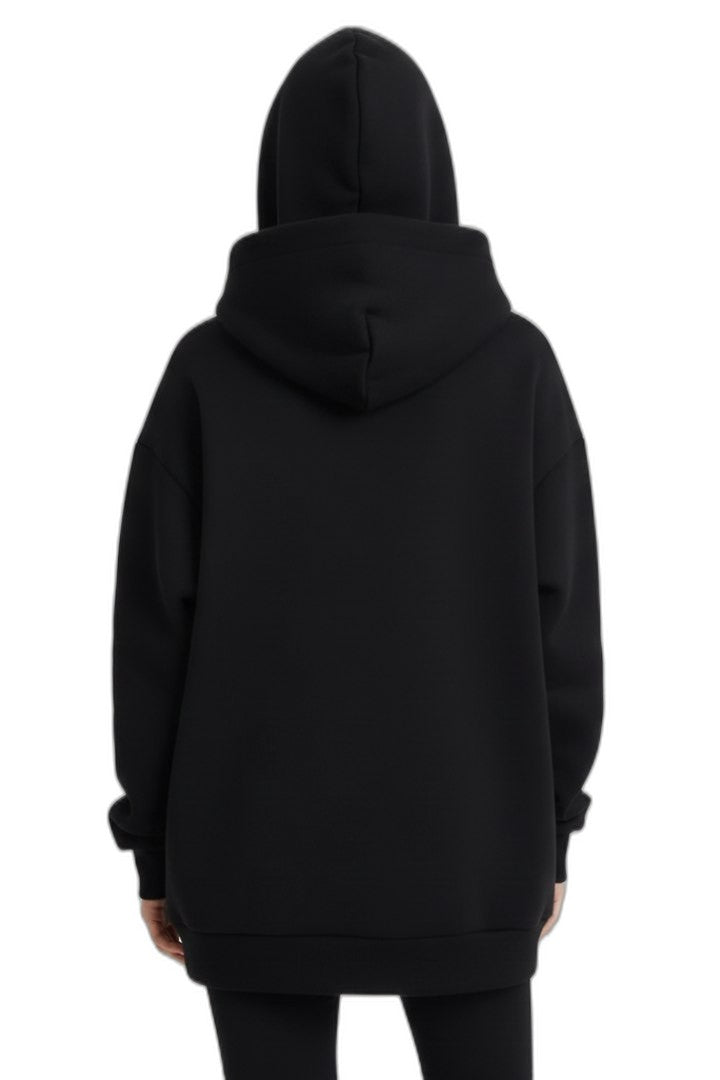 Effortless Black Knit Hoodie for Women with High Neck Long Sleeve Oversized Pockets Casual Style
