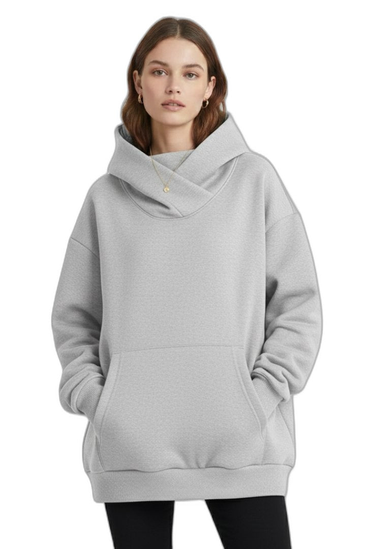 Effortless Black Knit Hoodie for Women with High Neck Long Sleeve Oversized Pockets Casual Style