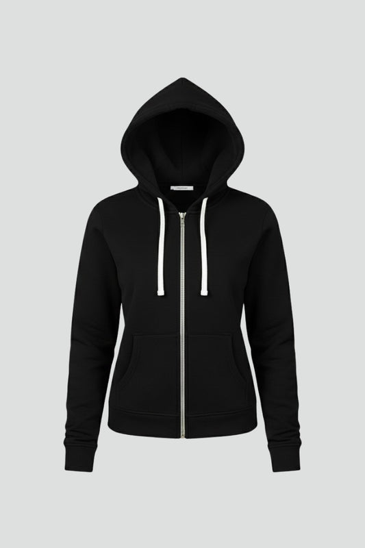 Effortless Black Knit Hoodie for Women with Long Sleeve Drawstring Pockets Casual Style