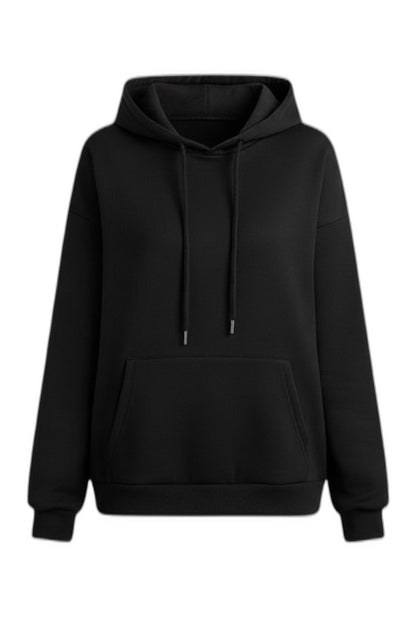 Effortless Black Knit Hoodie for Women with Long Sleeve Drawstring Pockets Casual Style