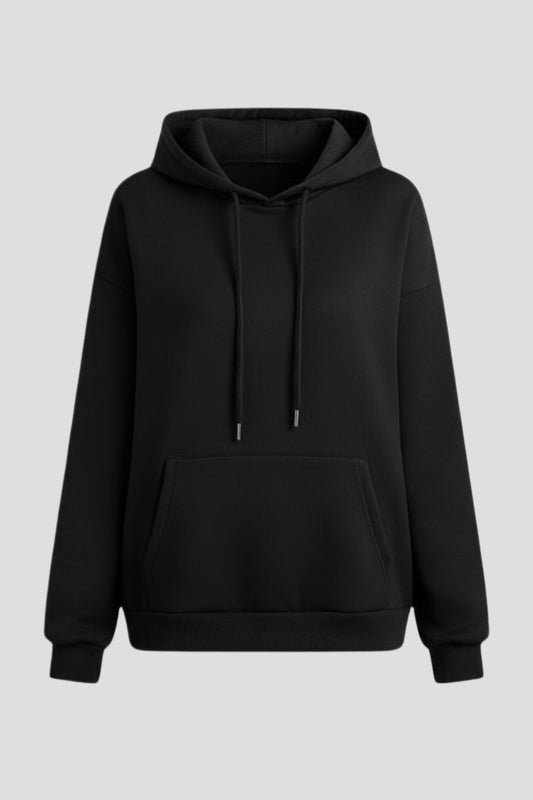 Effortless Black Knit Hoodie for Women with Long Sleeve Drawstring Pockets Casual Style