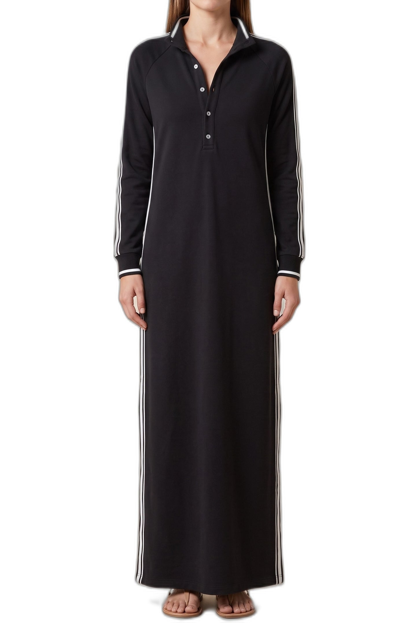 Effortless Black Knit Maxi Dress for Women with Collared Long Sleeve Button Front Straight Leg Casual Style