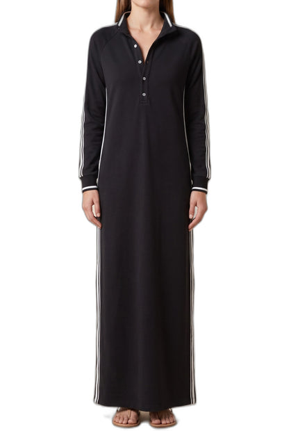 Effortless Black Knit Maxi Dress for Women with Collared Long Sleeve Button Front Straight Leg Casual Style