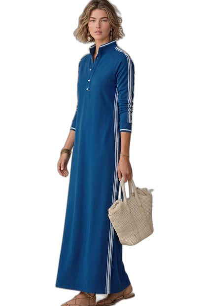 Effortless Black Knit Maxi Dress for Women with Collared Long Sleeve Button Front Straight Leg Casual Style