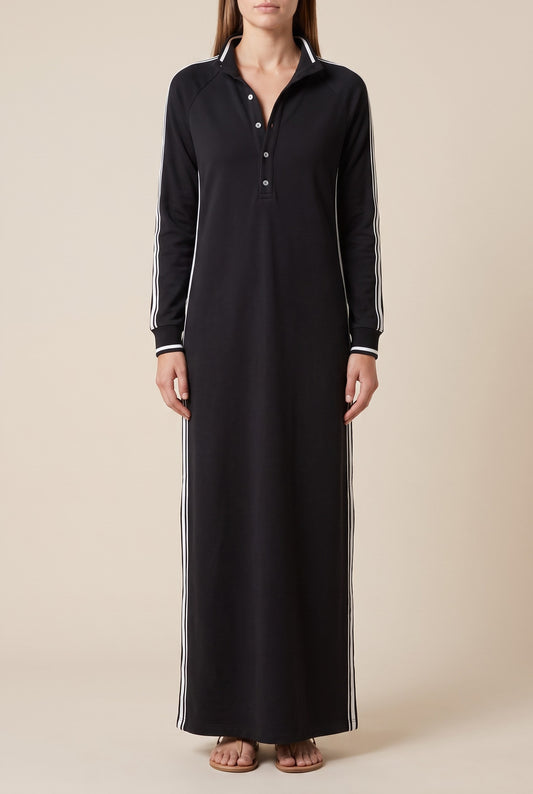 Effortless Black Knit Maxi Dress for Women with Collared Long Sleeve Button Front Straight Leg Casual Style