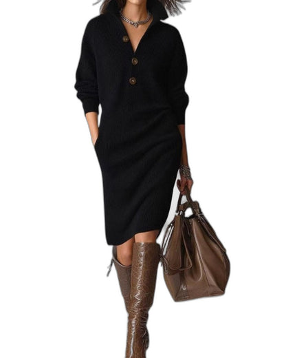 Effortless Black Knit Midi Dress for Women with Collared Long Sleeve Button Front Straight Leg Casual Style