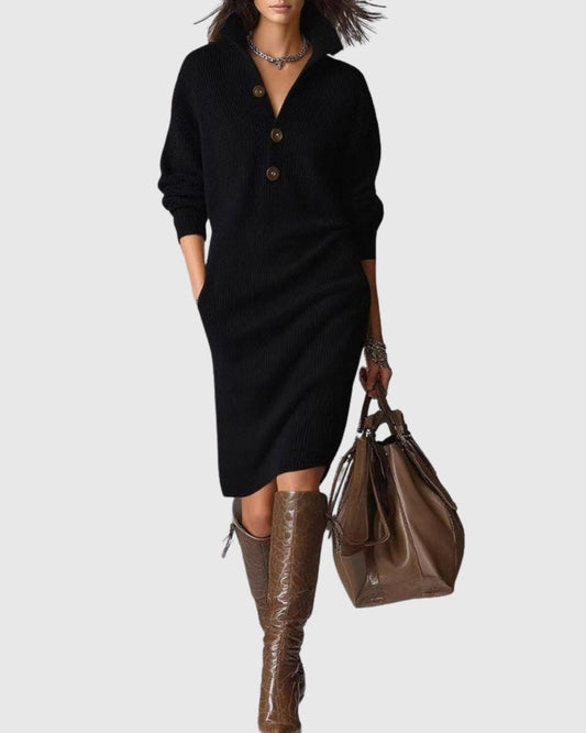 Effortless Black Knit Midi Dress for Women with Collared Long Sleeve Button Front Straight Leg Casual Style
