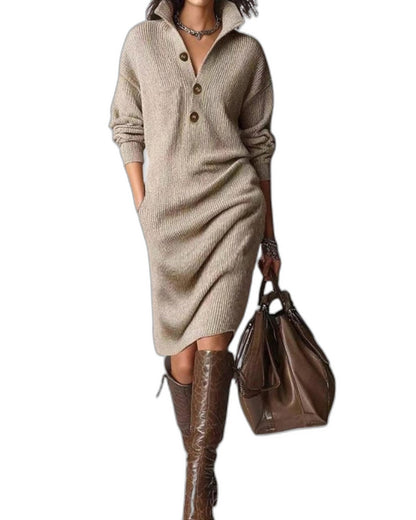 Effortless Black Knit Midi Dress for Women with Collared Long Sleeve Button Front Straight Leg Casual Style