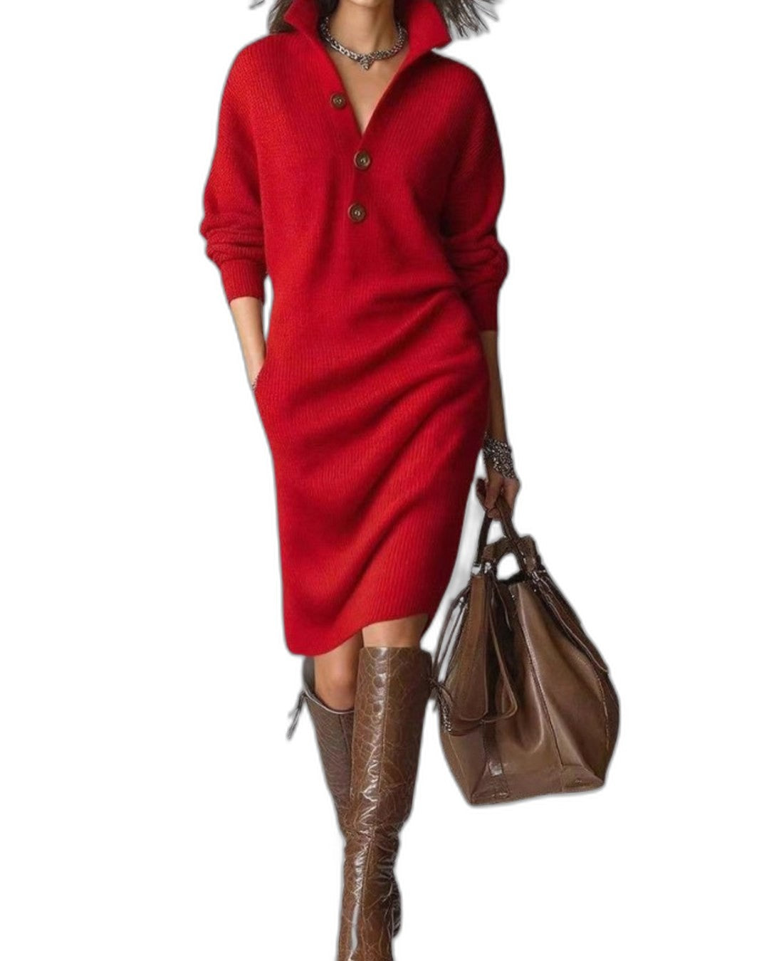 Effortless Black Knit Midi Dress for Women with Collared Long Sleeve Button Front Straight Leg Casual Style