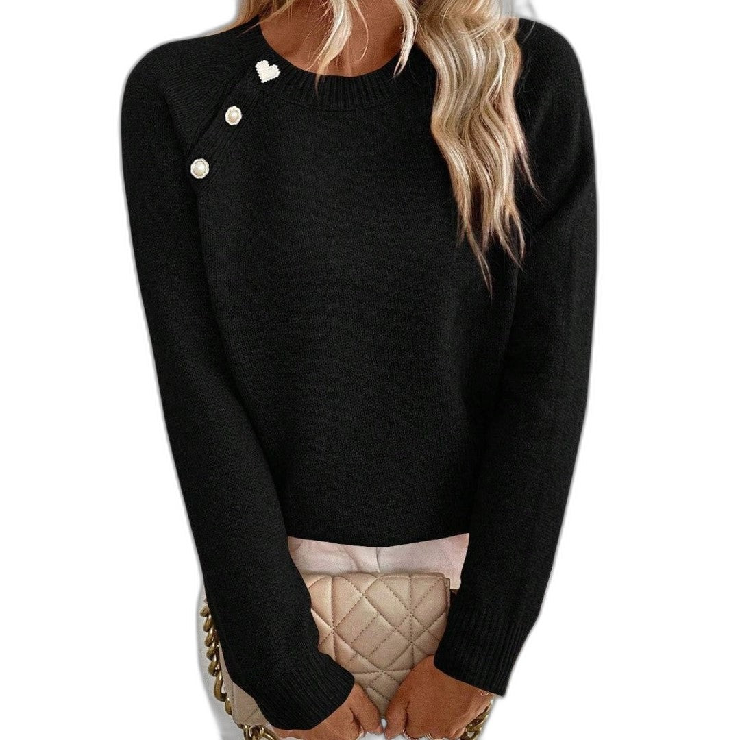 Effortless Black Knit Sweater for Women with Crew Neck Long Sleeve Button Front Casual Style