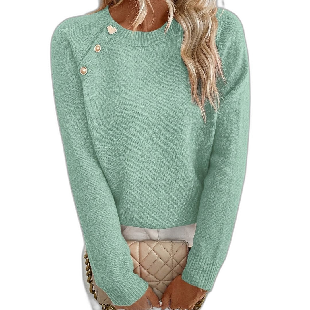 Effortless Black Knit Sweater for Women with Crew Neck Long Sleeve Button Front Casual Style