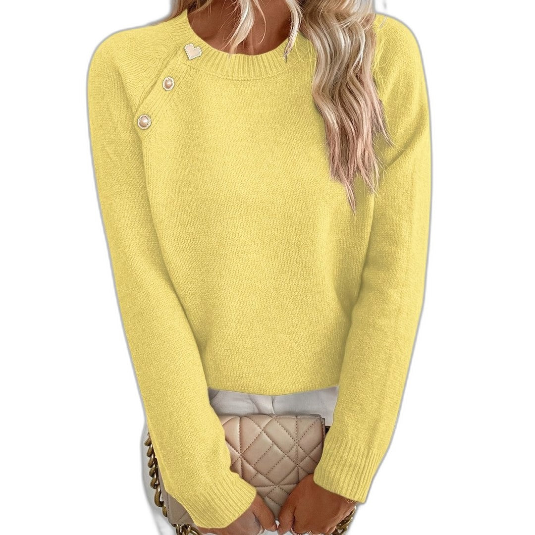 Effortless Black Knit Sweater for Women with Crew Neck Long Sleeve Button Front Casual Style