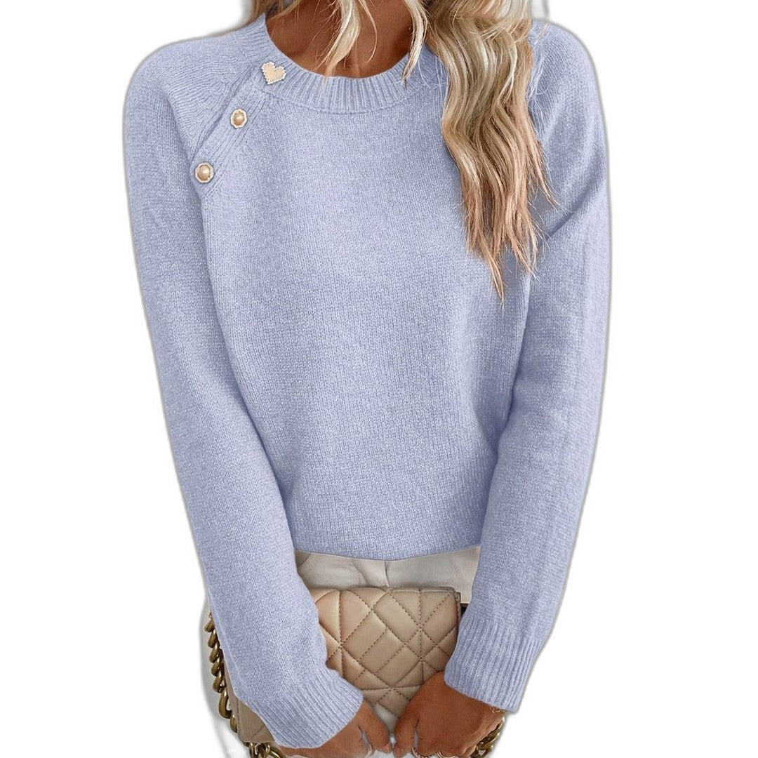 Effortless Black Knit Sweater for Women with Crew Neck Long Sleeve Button Front Casual Style