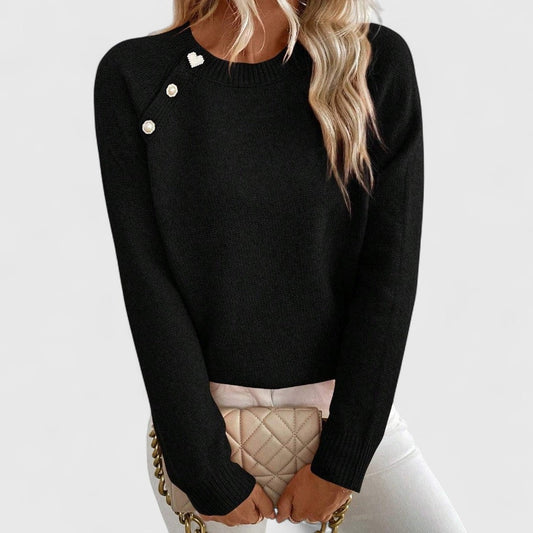 Effortless Black Knit Sweater for Women with Crew Neck Long Sleeve Button Front Casual Style