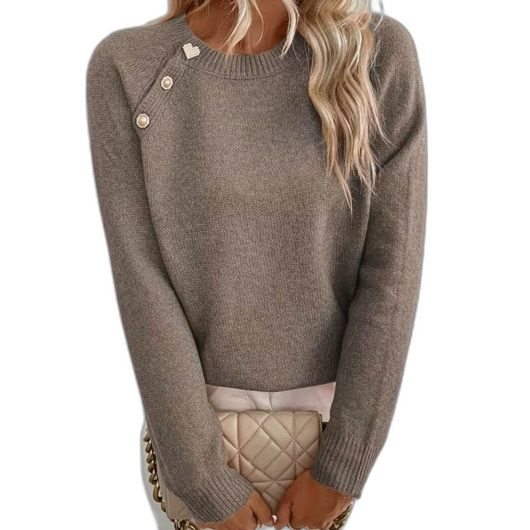 Effortless Black Knit Sweater for Women with Crew Neck Long Sleeve Button Front Casual Style
