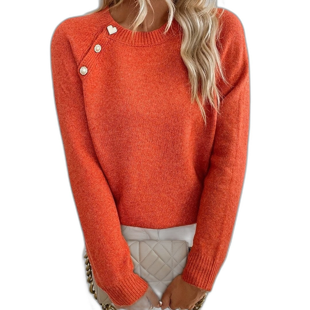 Effortless Black Knit Sweater for Women with Crew Neck Long Sleeve Button Front Casual Style