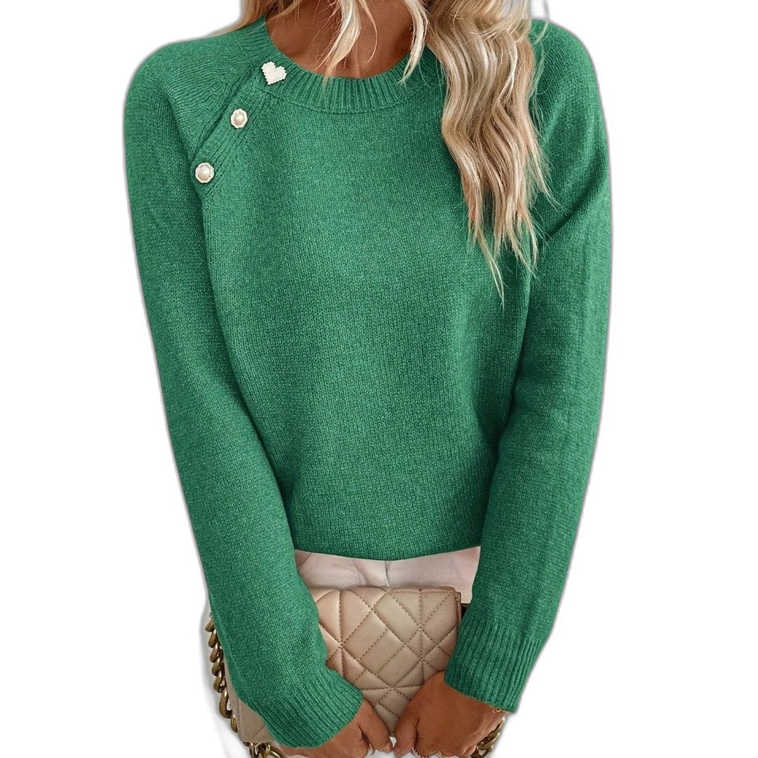 Effortless Black Knit Sweater for Women with Crew Neck Long Sleeve Button Front Casual Style